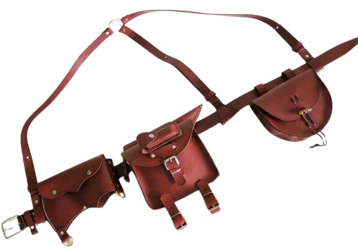 brown bushcraft leather belt kit, handmade brown leather tool belt, leather bushcraft belt with pouches, genuine cowhide leather outdoor belt kit, rustic brown leather survival belt