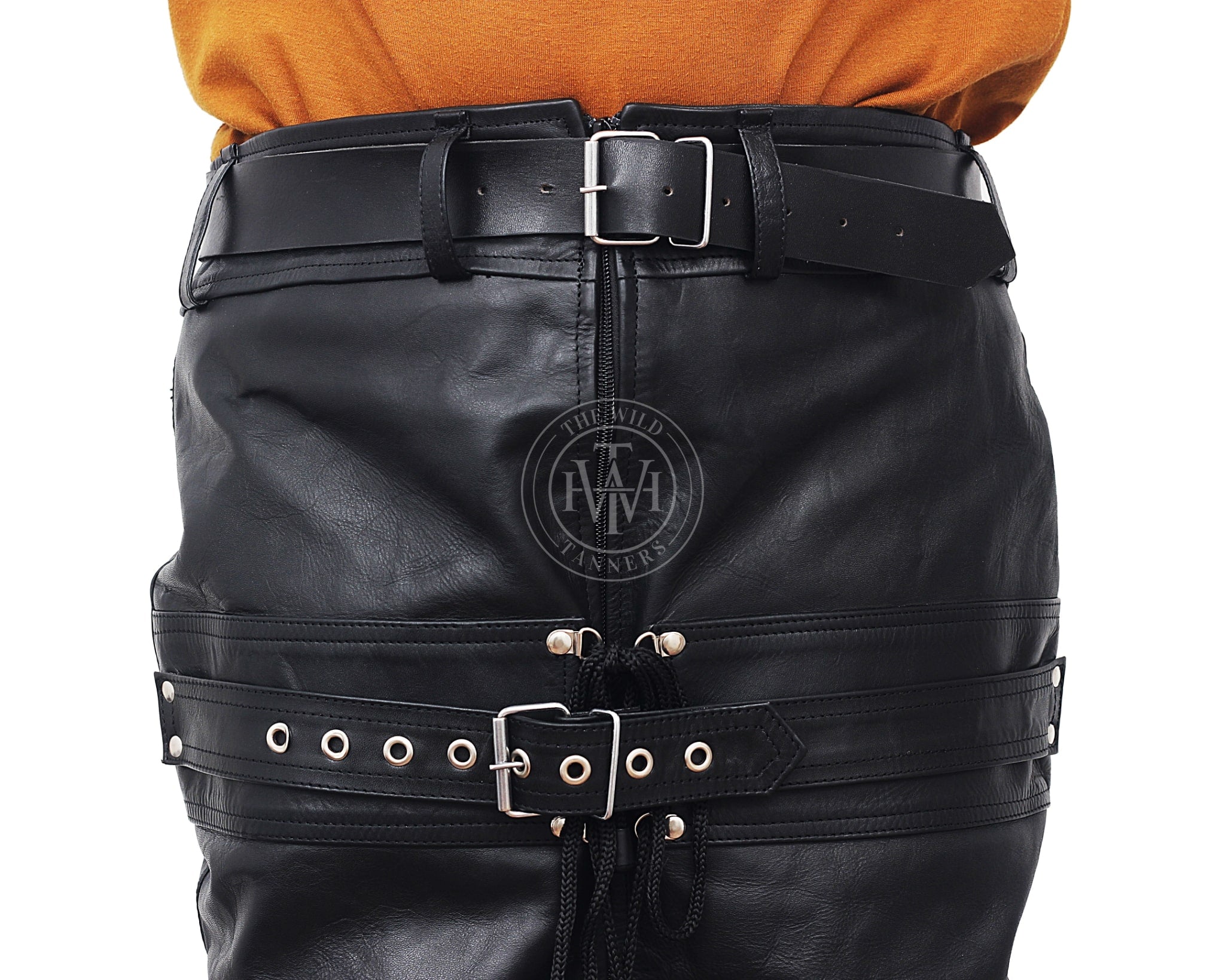 leather leg binders, leather restraints, black leather restraints belts