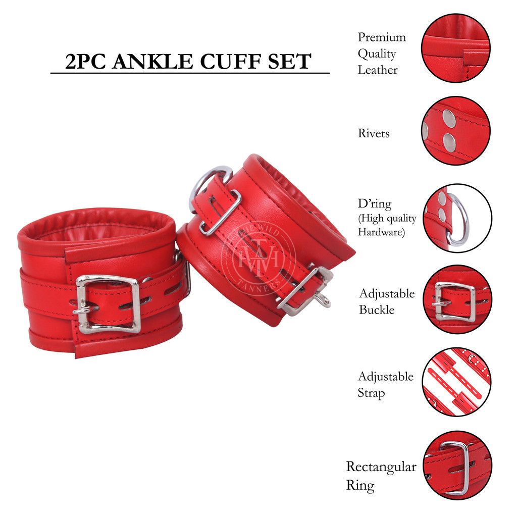 5 Pcs Genuine Red Leather Handcuffs Set, view 9
