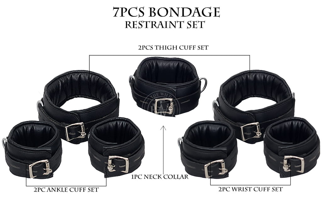 Handcrafted 7-piece padded leather bondage handcuffs set, view 12