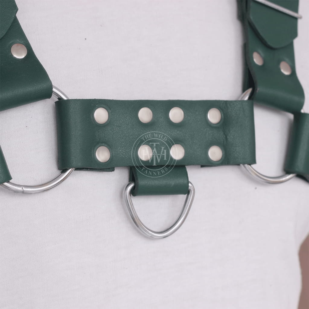 green leather gay mens harness with c-rings and centered d-ring