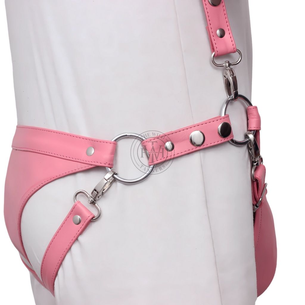 pink leather harness, BDSM chest harness, adjustable men’s harness, leather O-ring harness