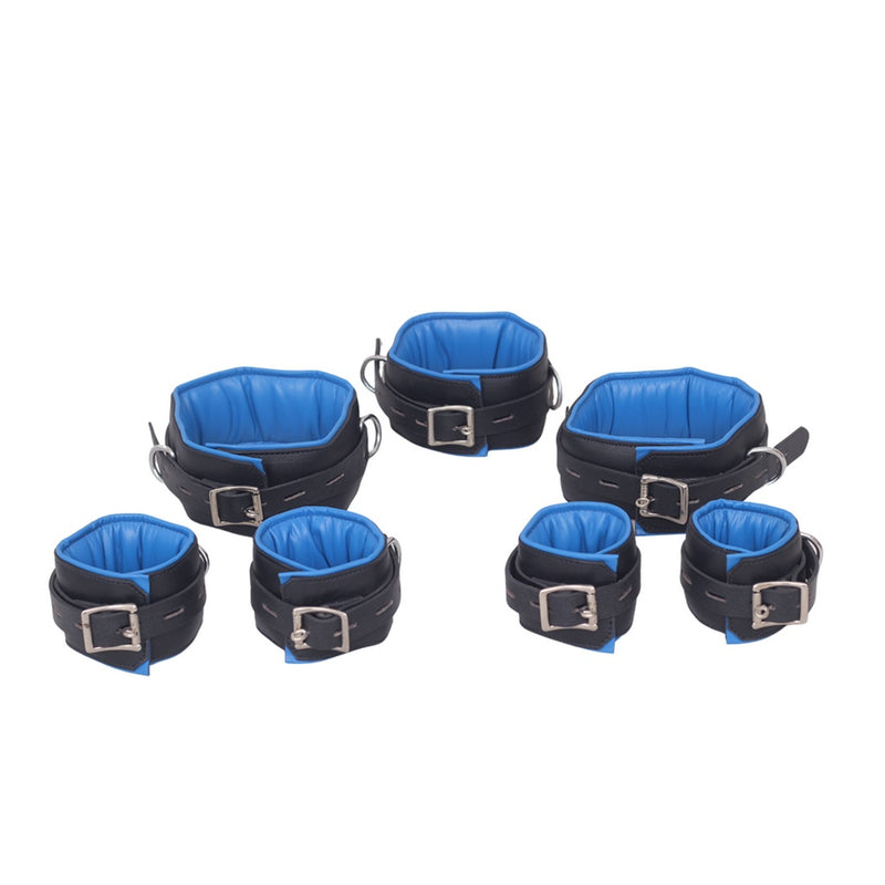 7 pcs leather bondage handcuffs, padded BDSM cuffs, adjustable leather restraints, D-ring bondage set, full leather restraint set