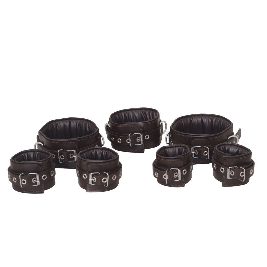 brown leather handcuffs, BDSM restraints, adjustable leather cuffs