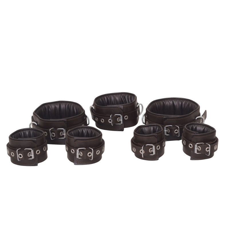 brown leather handcuffs, BDSM restraints, adjustable leather cuffs