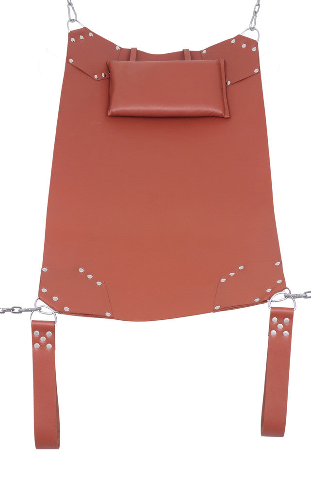 brown leather sex sling, BDSM sling, heavy-duty swing, leather bondage sling, dual stirrups
