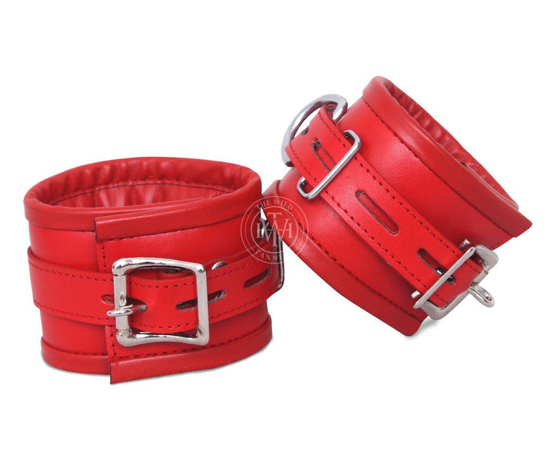 red leather restraints, BDSM handcuffs, adjustable leather cuffs