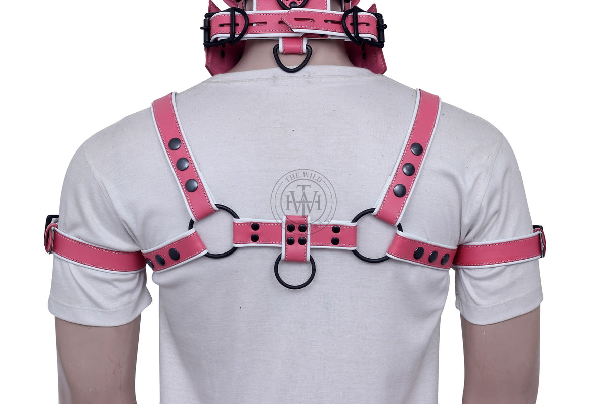 Leather bondage muzzle gag with chest harness and biceps cuffs, view 6
