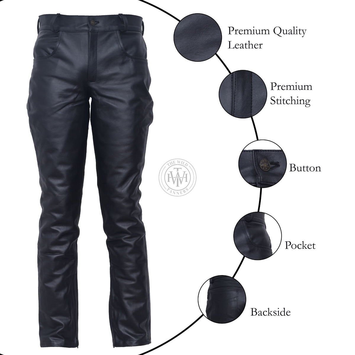 Plain Men's Black Leather Pants, view 7