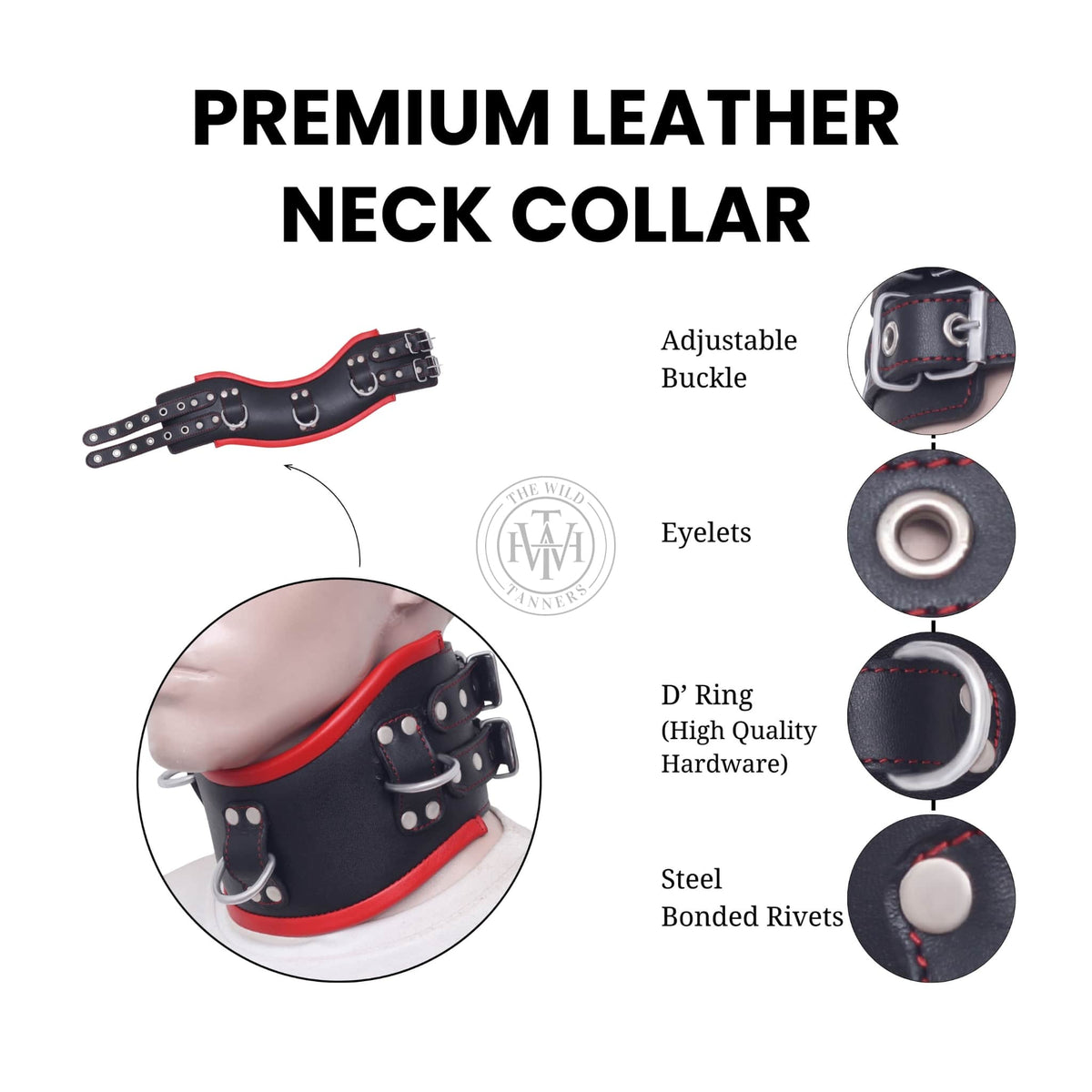 Premium Leather Bondage Posture Collar with 3-D Rings, view 7