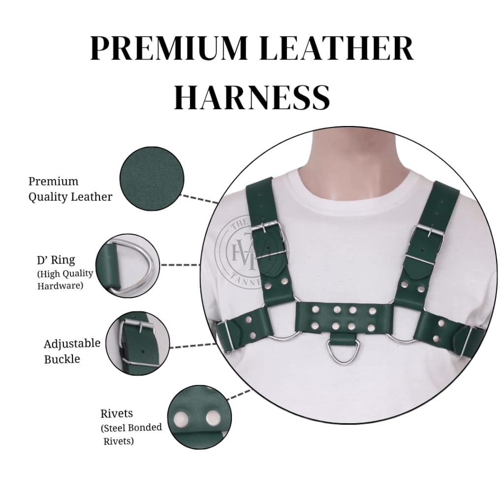green leather gay mens harness with c-rings and centered d-ring