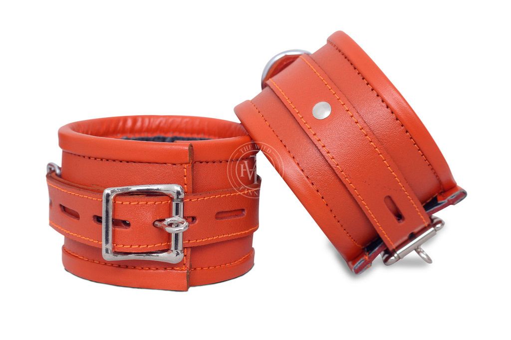 7 Pcs Orange Leather Bondage Handcuffs Set Unisex, view 3