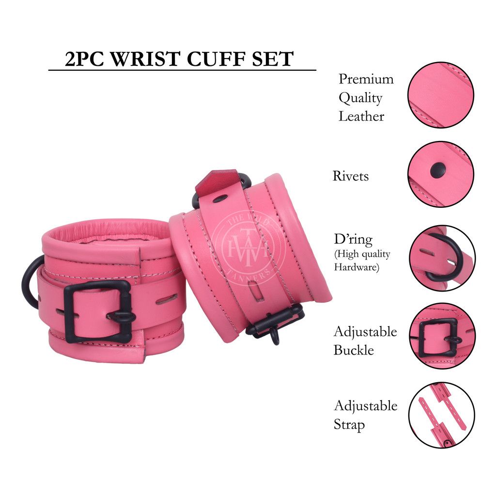 7 Pcs Pink Set Handmade Leather Bondage Handcuffs, view 7