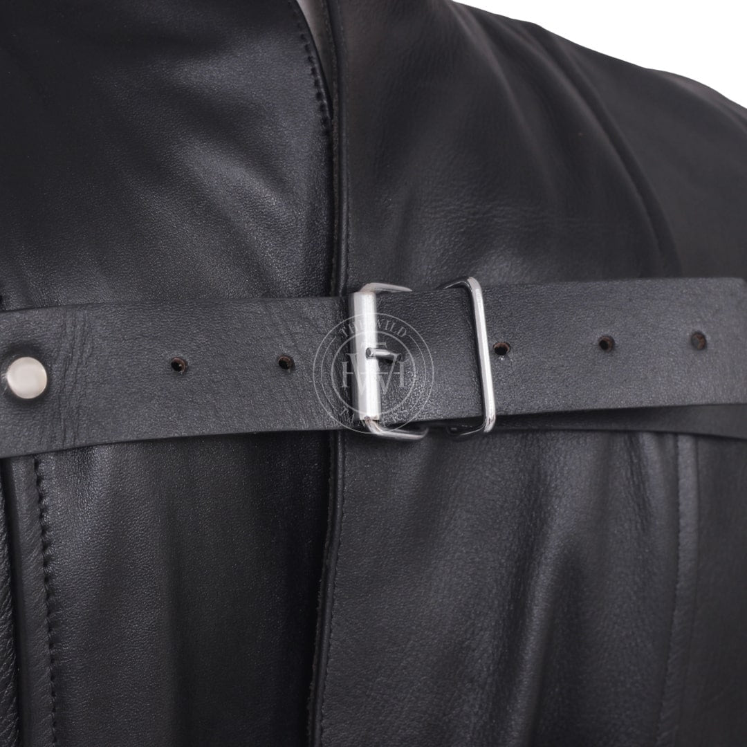 Leather straitjacket with padded thigh piece, view 8