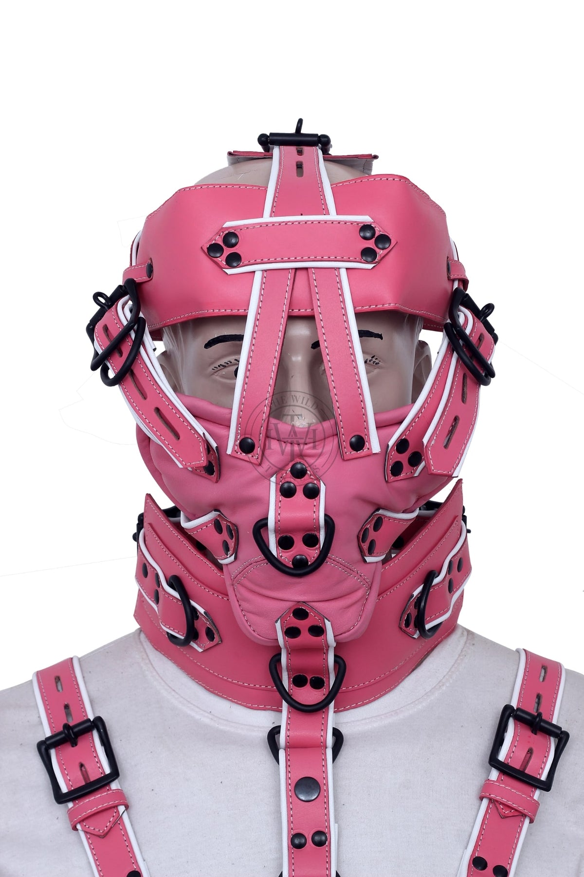 Leather bondage muzzle gag with chest harness and biceps cuffs, view 4