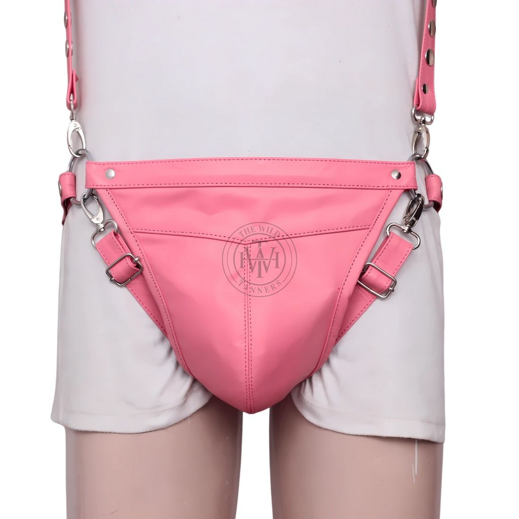 pink leather harness, BDSM chest harness, adjustable men’s harness, leather O-ring harness