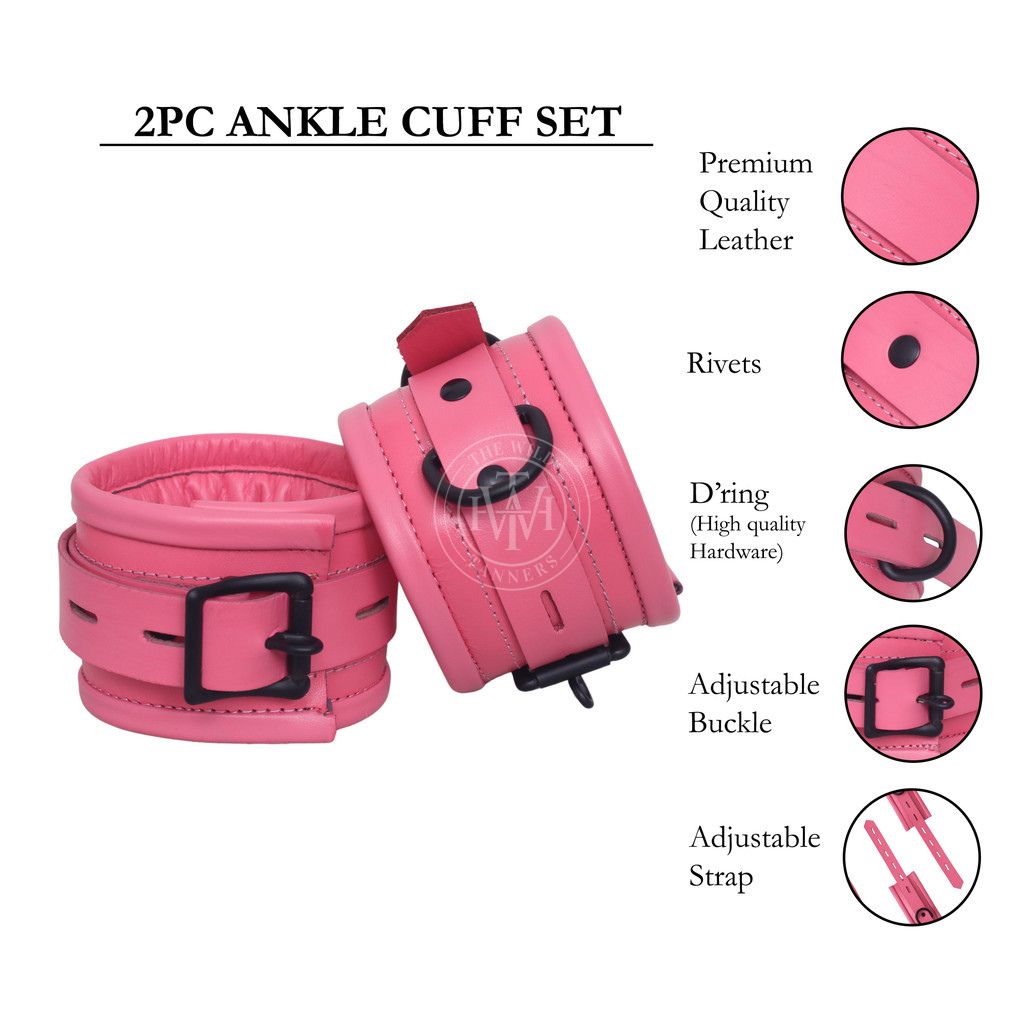7 Pcs Pink Set Handmade Leather Bondage Handcuffs, view 9