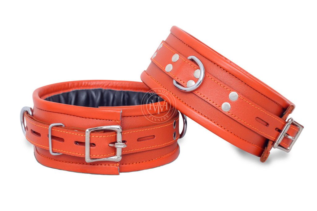 7 Pcs Orange Leather Bondage Handcuffs Set Unisex, view 5