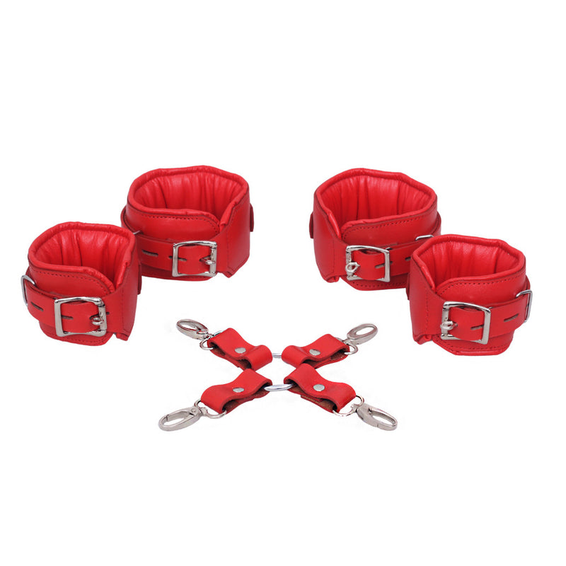 leather wrist and ankle cuffs, padded bondage handcuffs, adjustable hog tie restraints, D-ring leather cuffs, premium leather bondage set