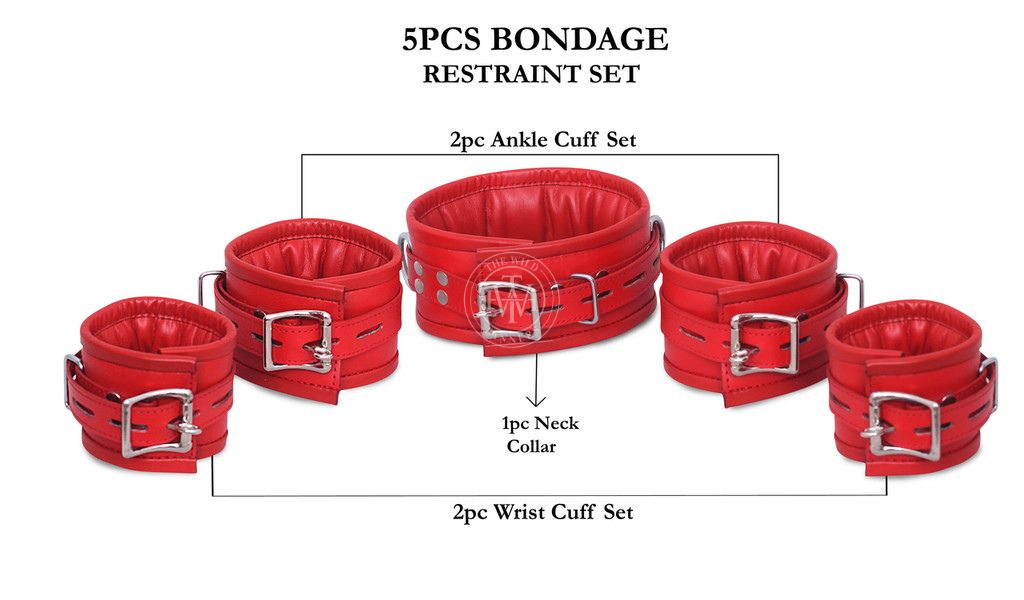 5 Pcs Genuine Red Leather Handcuffs Set, view 6