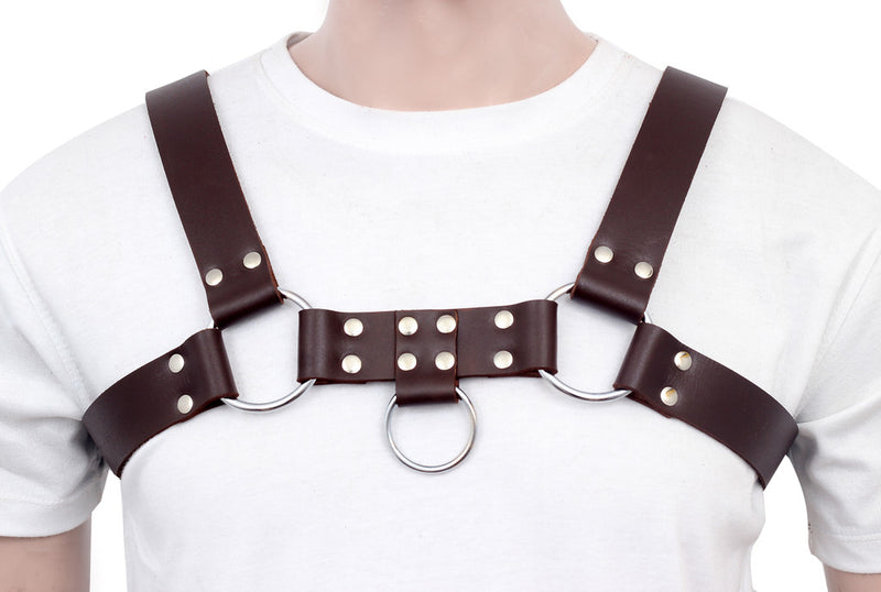 brown sleek adjustable gay mens harness, leather gay mens harness, leather harness