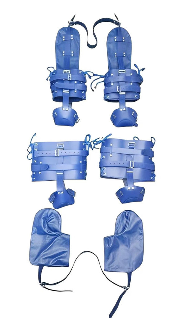 blue leather pet crawler, BDSM pet play set, padded bondage crawler, adjustable leather restraints, mitt-style hand coversv