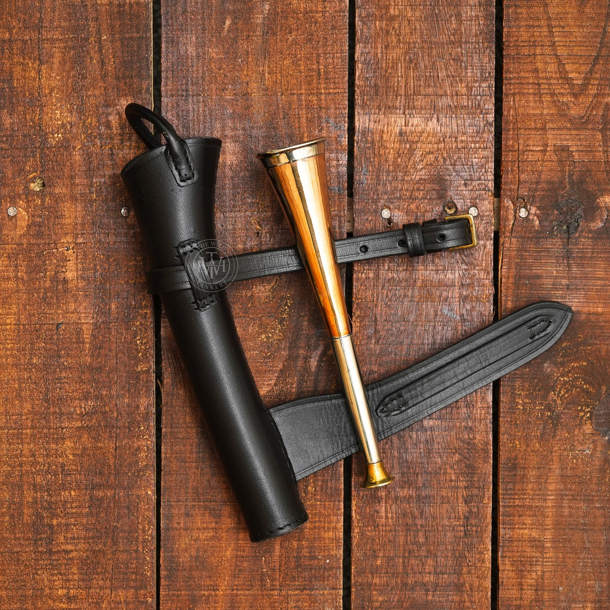 Fox Hunting Copper Horn with Brass Mouth Piece & Leather Case, view 7