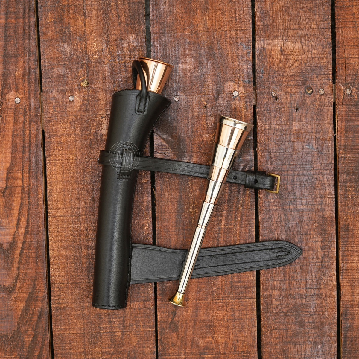 Fox Hunting Copper Horn with Brass Mouth Piece & Leather Case, view 9