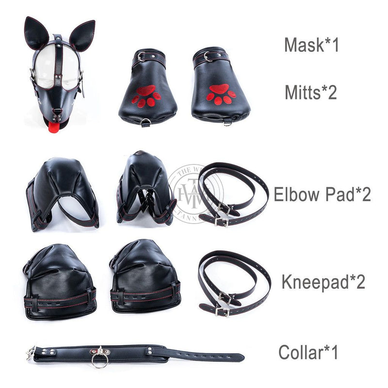 full leather pet crawler, BDSM pet play set, hooded bondage crawler, padded cuffs and garters, adjustable leather restraints