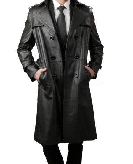 Genuine Leather Long Trench Coat