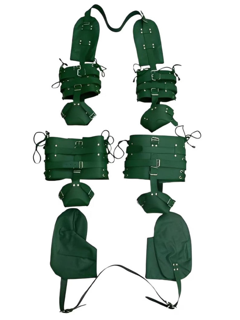 green leather pet crawler, BDSM pet play set, padded bondage crawler, adjustable leather restraints, mitt-style hand covers