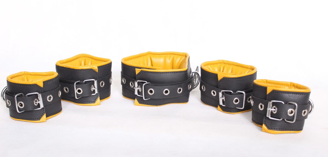 leather bondage handcuffs, BDSM cuffs set, padded leather cuffs, adjustable restraints