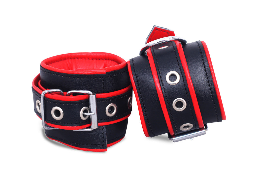 leather bondage handcuffs, padded BDSM cuffs, adjustable leather restraints, 4 piece restraint set, D-ring bondage cuffs