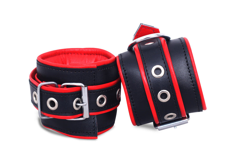 leather bondage handcuffs, padded BDSM cuffs, adjustable leather restraints, 4 piece restraint set, D-ring bondage cuffs