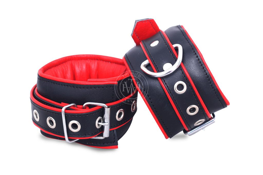 leather bondage handcuffs, padded BDSM cuffs, adjustable leather restraints, 4 piece restraint set, D-ring bondage cuffs