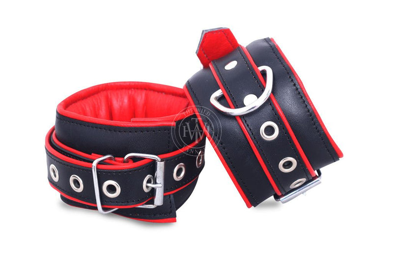 leather bondage handcuffs, padded BDSM cuffs, adjustable leather restraints, 4 piece restraint set, D-ring bondage cuffs