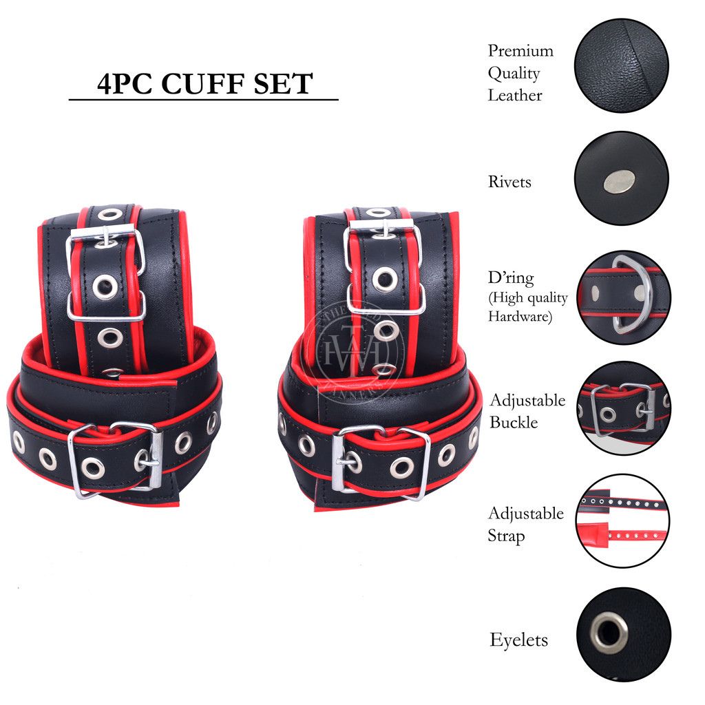 4 Pcs Set Pure Leather Bondage Handcuffs Restraints, view 6