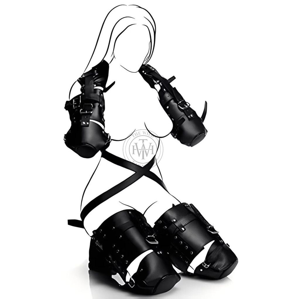 pink leather pet crawler, BDSM pet play set, padded bondage crawler, adjustable leather restraints, mitt-style hand covers