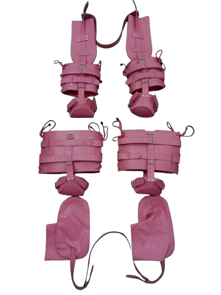 pink leather pet crawler, BDSM pet play set, padded bondage crawler, adjustable leather restraints, mitt-style hand covers