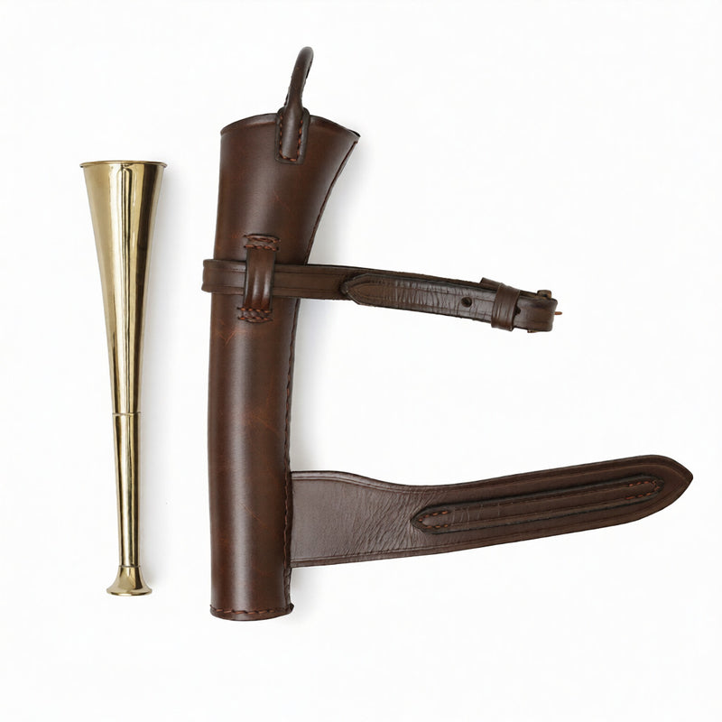 hunting horn, fox hunting horn, fox hunting horn with leather case, plain brass horn, plain brass horn with leather case, fox hunting horn for sale, Fox Hunting Horn