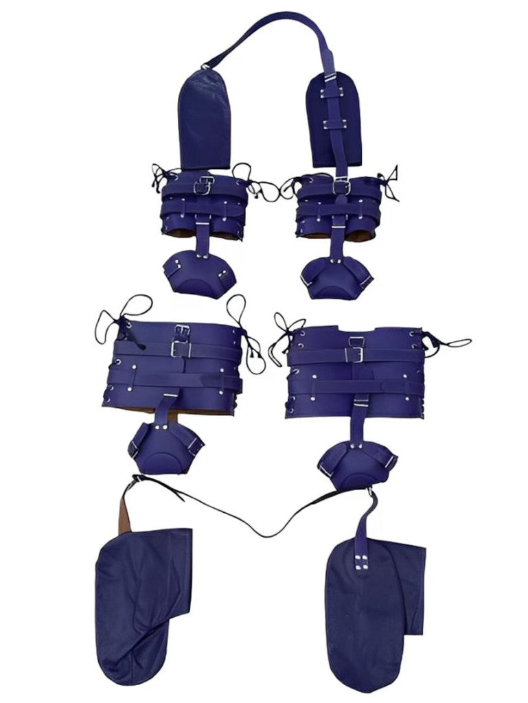 purple leather pet crawler, BDSM pet play set, padded bondage crawler, adjustable leather restraints, mitt-style hand covers
