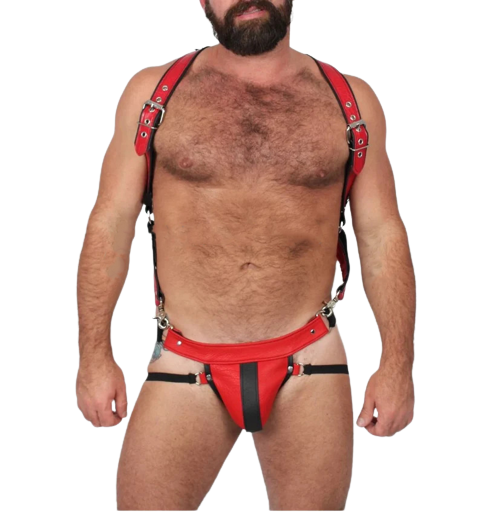 leather harness, leather gay harness, leather bondage harness, mens leather harness, leather harness for men, bondage harness, gay harness, gay leather harness, mens leather harness, leather body harness, body harness, leather jockstrap, adjustable leather harness, durable leather, men’s leather gear, body harness with jockstrap, metal accents, premium leather, secure fit, bold leather harness