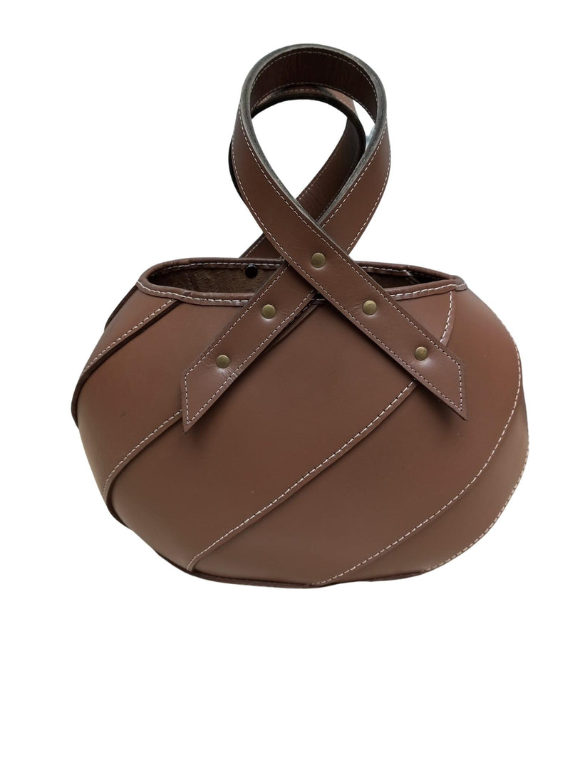 leather tote bag, brown leather bag, handmade leather handbag, luxury leather tote, stylish leather purse, bucket style leather bag, cross handle leather bag, oval base tote bag, spacious leather bag, designer leather handbag, artisan leather tote, durable leather purse, fashionable leather carryall, handcrafted leather bag, premium leather accessory