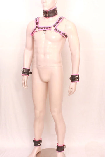 leather bdsm harness with padded collar and cuffs set