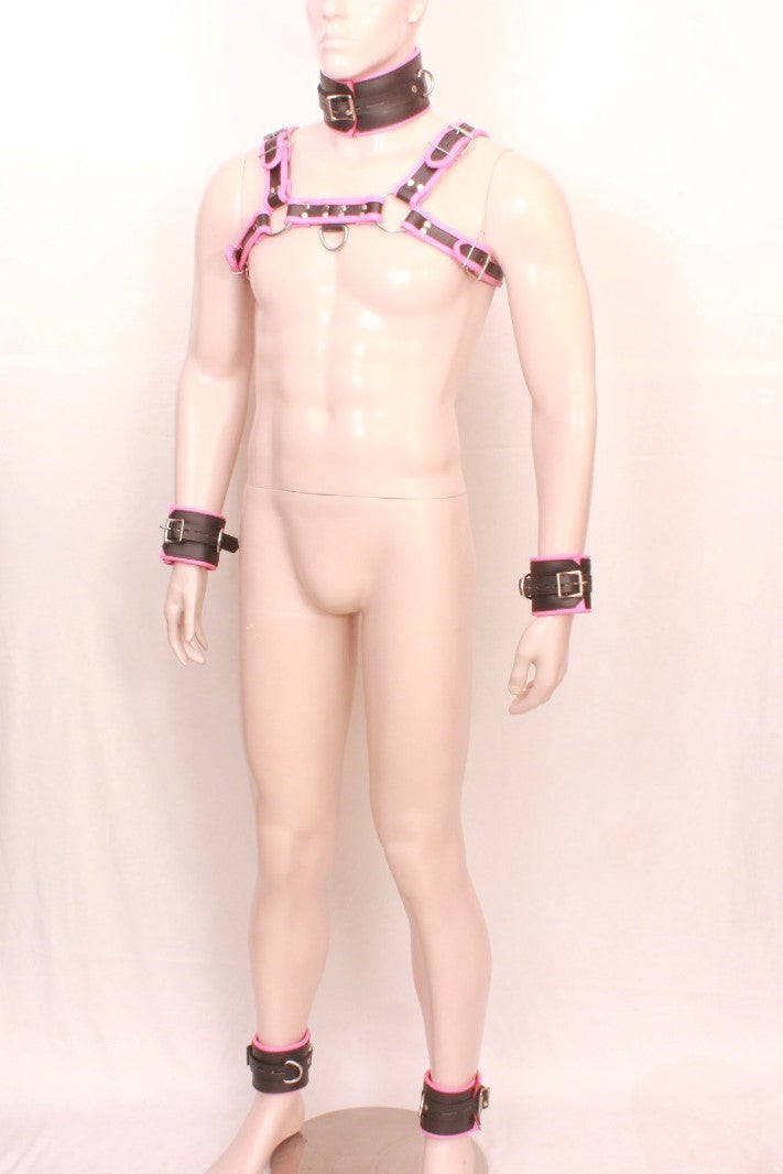 leather bdsm harness, harness with cuffs, adjustable leather harness, padded bondage cuffs, full bondage set