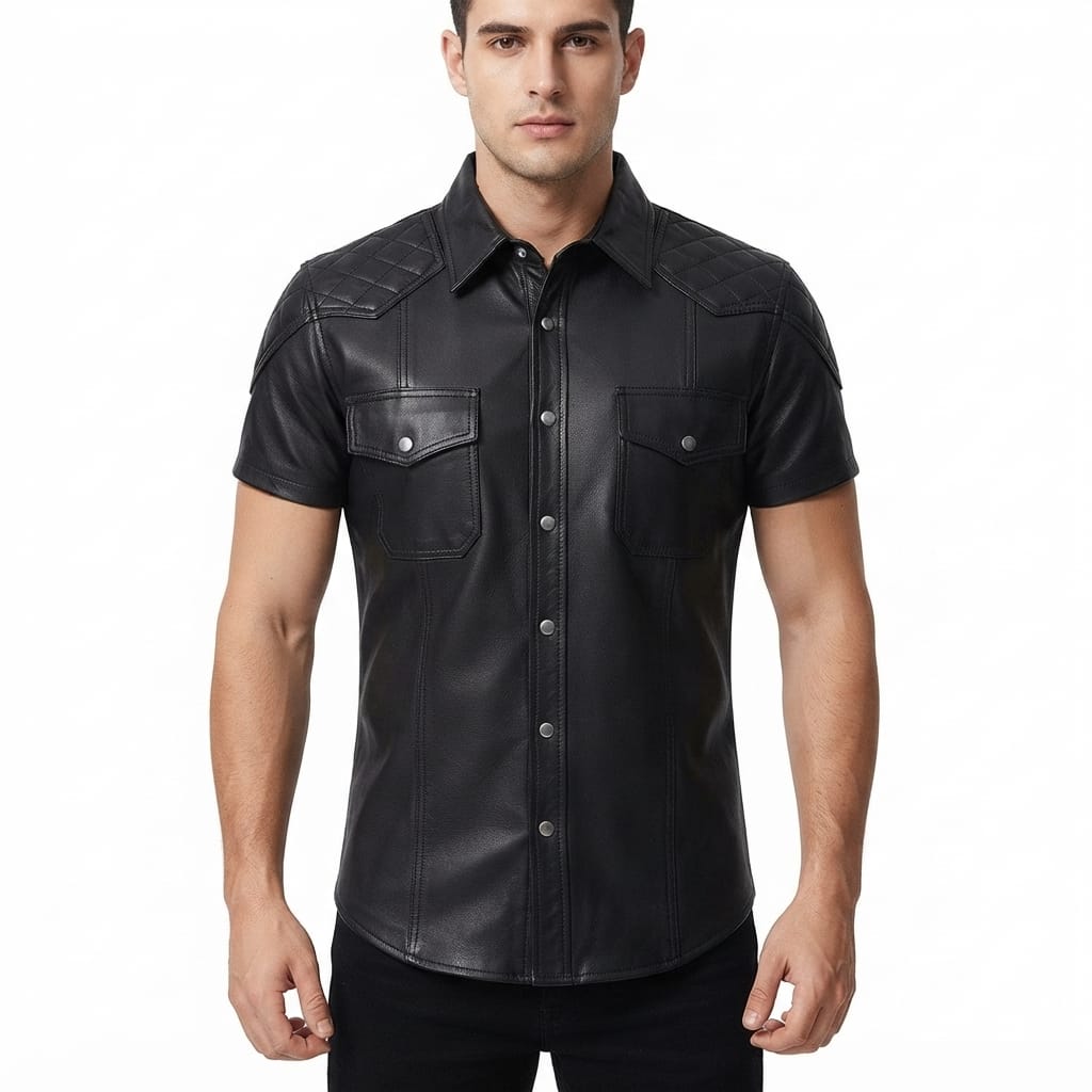 Classic Leather Short Sleeve Shirt For Men, view 2