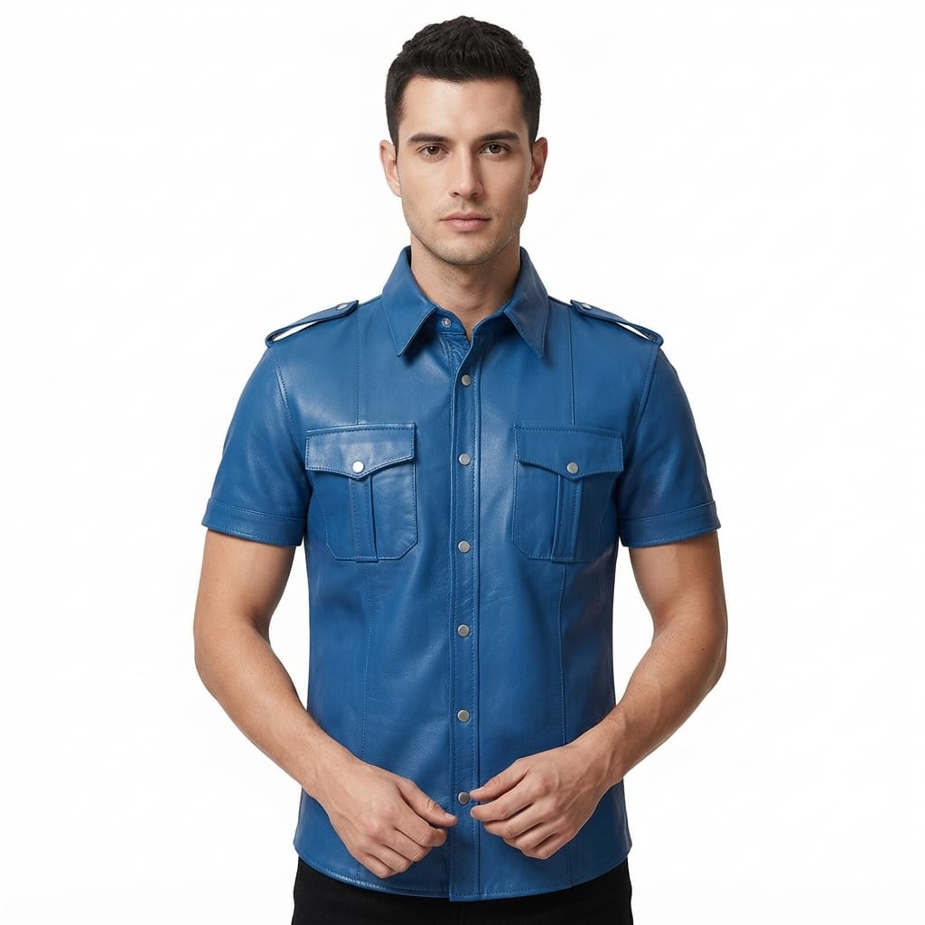 Half Sleeve Military Leather Gay Shirt, view 2