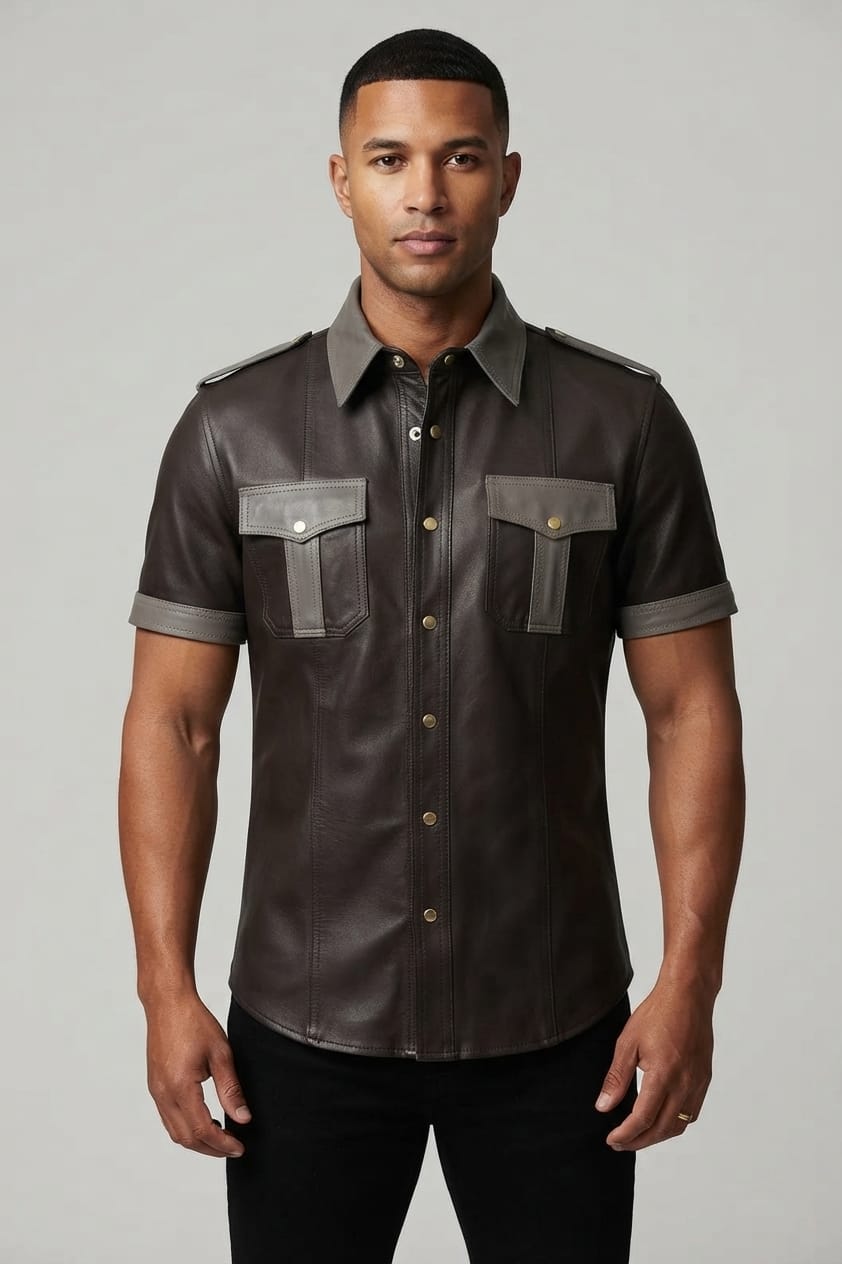 Handmade Short Sleeve Leather Shirt for Men, view 2