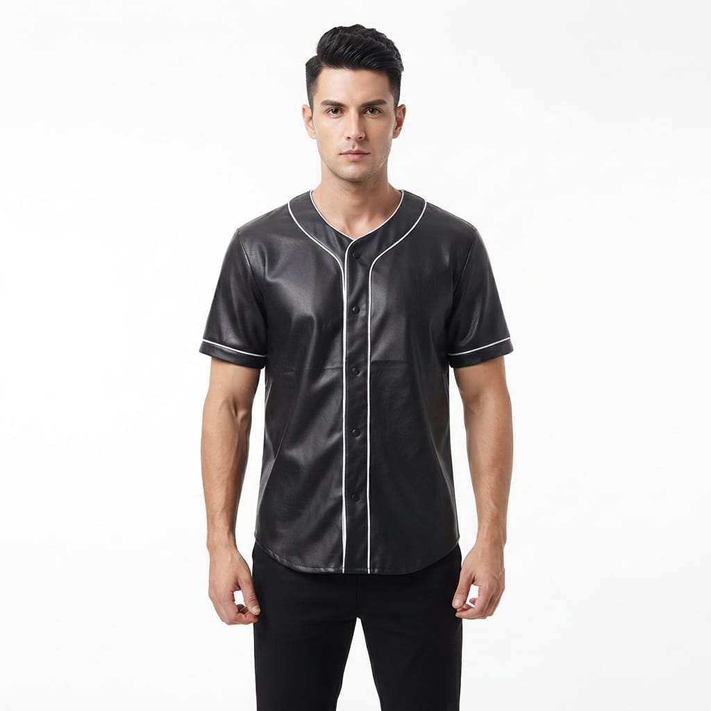 Black Leather Shirt with Button Closure, view 2