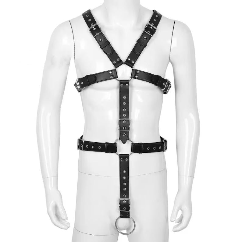 men's leather chest harness with cock ring